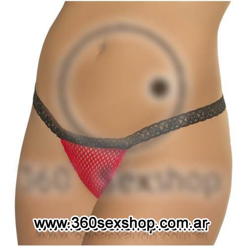 Tanga De Red Roja Con Puntilla Negra Femenina