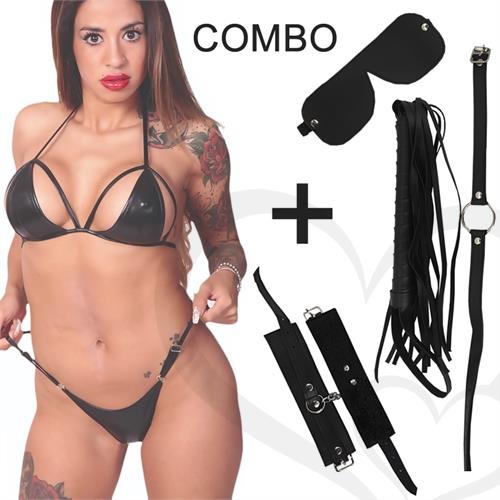 Kit de ecocuero negro con antifaz, mordaza, esposas, latigo y conjunto de vinilo