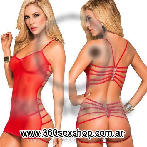 Vestido erótico de tul strass abierto atrás rojo